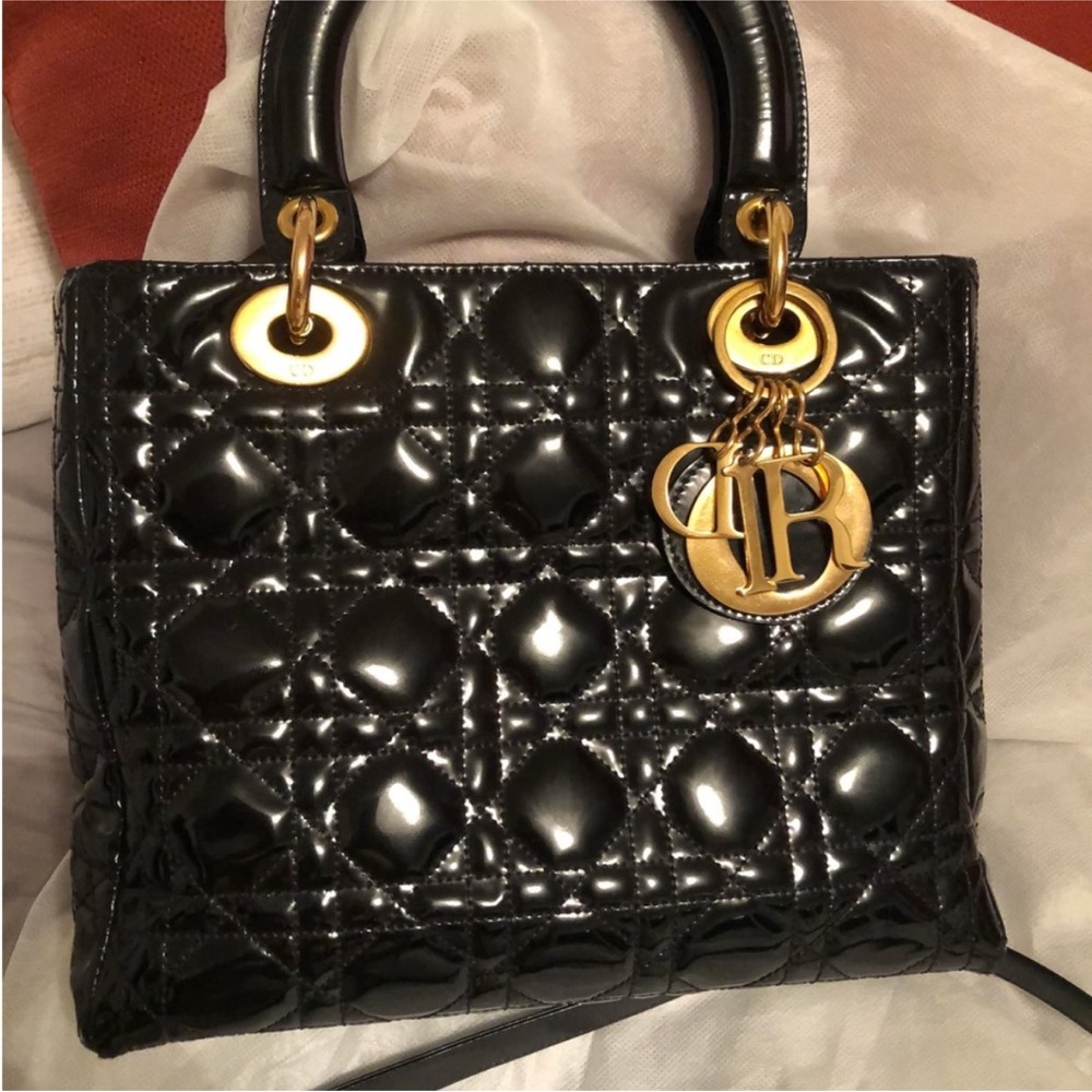 Dior Black Patent Leather Shoulder Bag with Gold Accents